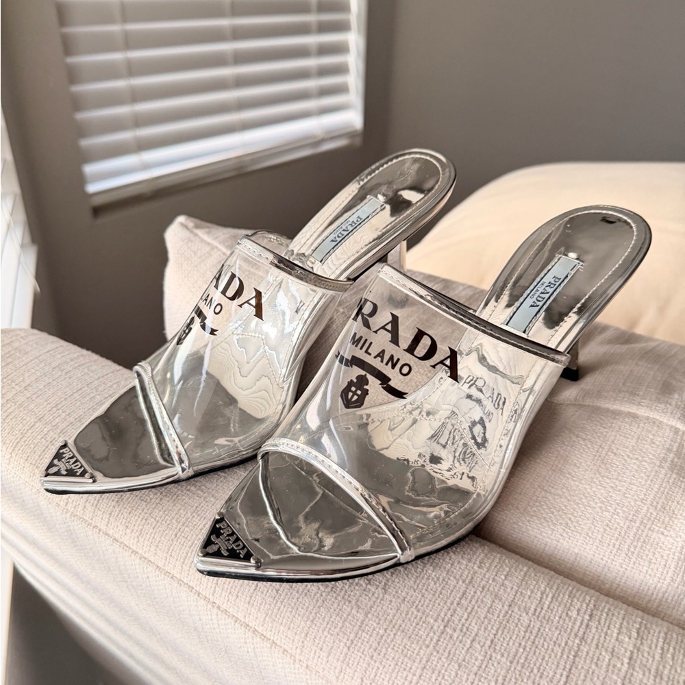 Designer Style Prada Milano Clear PVC Slide Sandals - Silver Trim